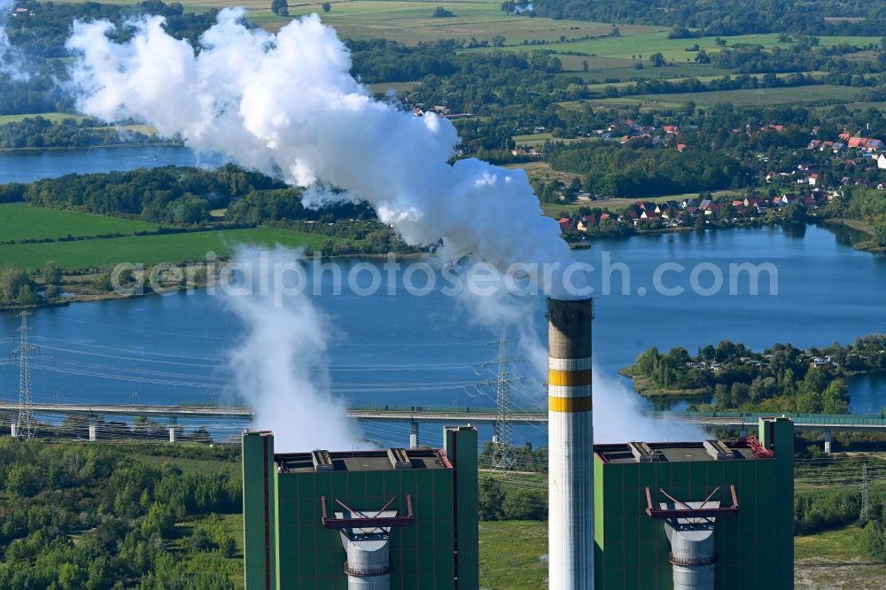 Aerial image Schkopau - Clouds of smoke on the power plant in Schkopau in the state Saxony-Anhalt, Germany