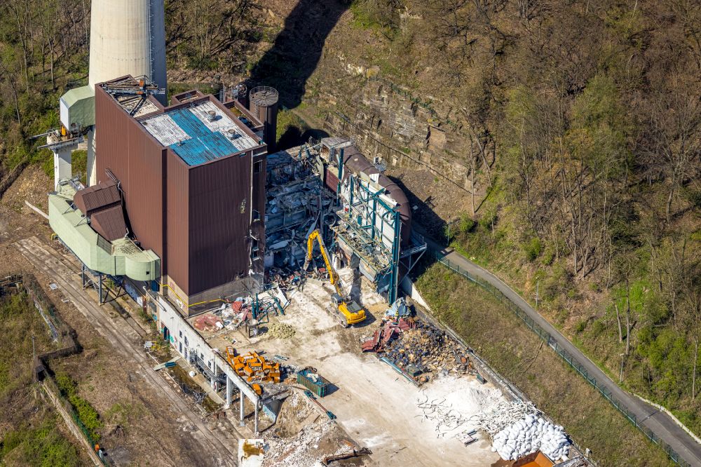 Aerial photograph Herdecke - Dismantling work on the HKW cogeneration plant and coal-fired power plant Cuno Kraftwerk in Herdecke in the state North Rhine-Westphalia, Germany