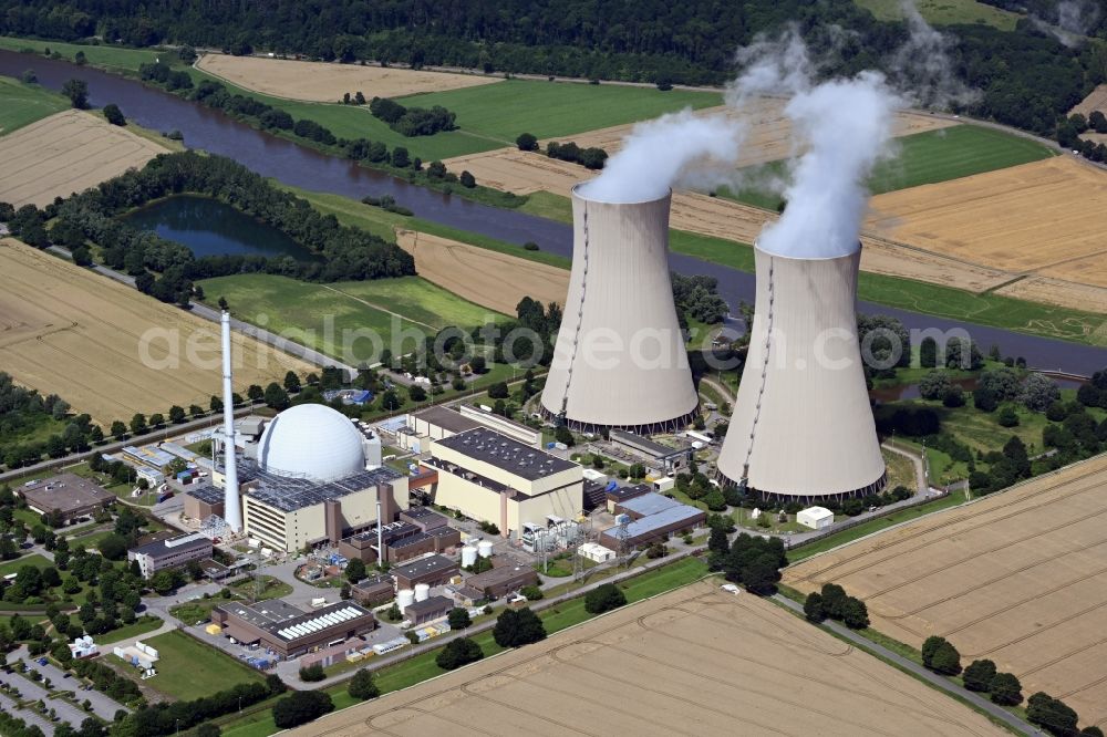 Aerial image Emmerthal - Building remains of the reactor units and facilities of the NPP nuclear power plant Grohnde in the district Grohnde in Emmerthal in the state Lower Saxony, Germany