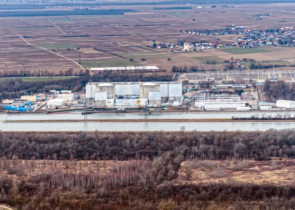 Fessenheim from above - Building remains of the reactor units and facilities of the NPP nuclear power plant Fessenhein in Elsass in Fessenheim in Grand Est, France