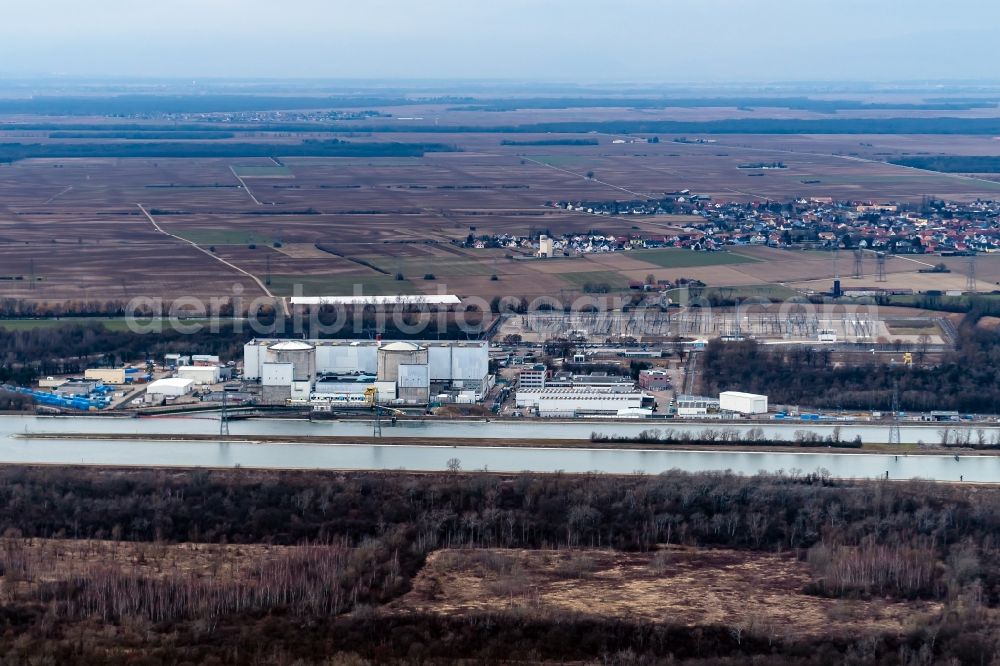 Aerial image Fessenheim - Building remains of the reactor units and facilities of the NPP nuclear power plant Fessenhein in Elsass in Fessenheim in Grand Est, France