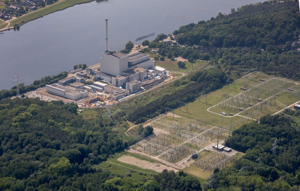 Aerial image Geesthacht - Building remains of the reactor units and facilities of the NPP nuclear power plant Kruemmel in Geesthacht in the state Schleswig-Holstein, Germany