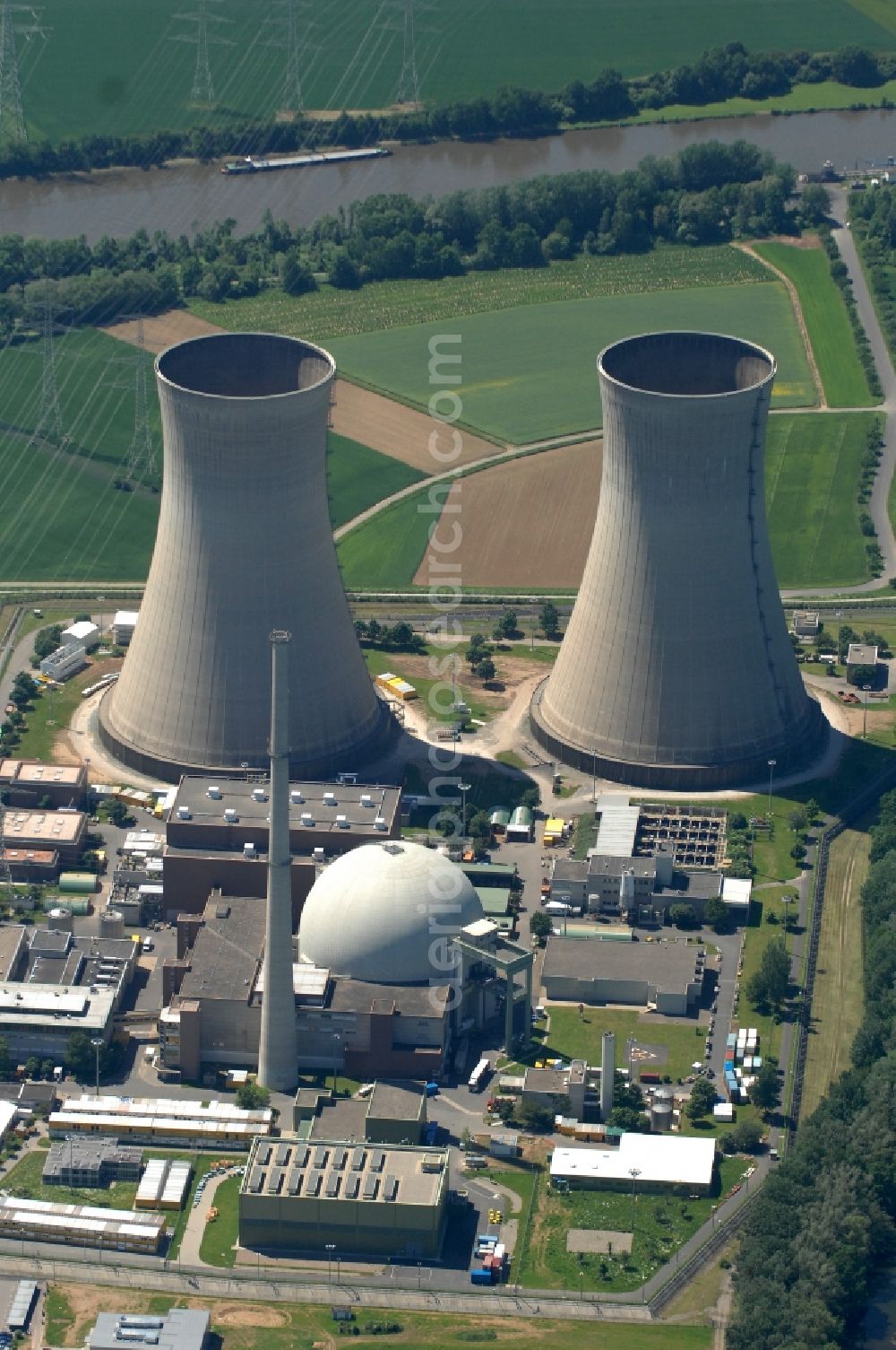 Grafenrheinfeld from the bird's eye view: Building remains of the reactor units and facilities of the NPP nuclear power plant in Grafenrheinfeld in the state Bavaria