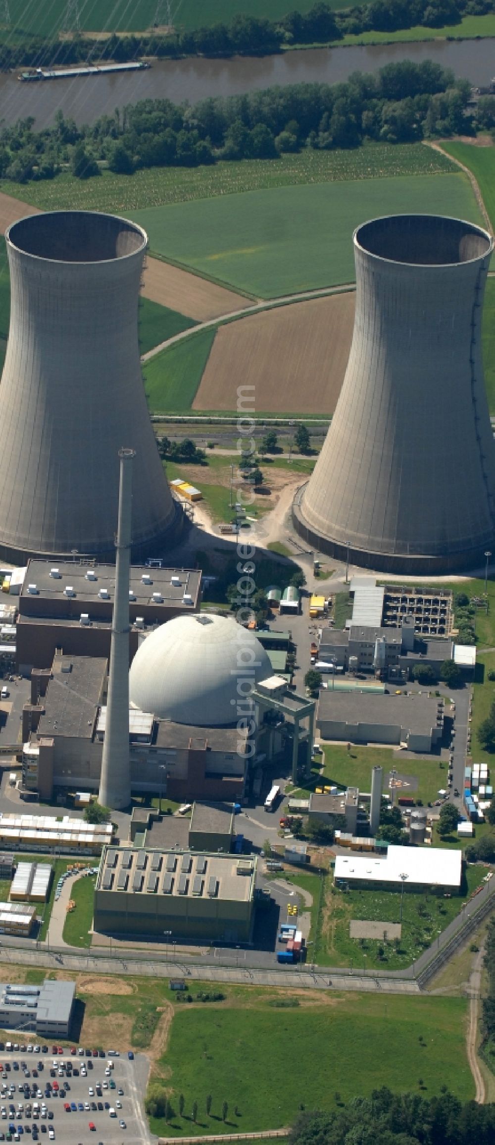 Grafenrheinfeld from above - Building remains of the reactor units and facilities of the NPP nuclear power plant in Grafenrheinfeld in the state Bavaria