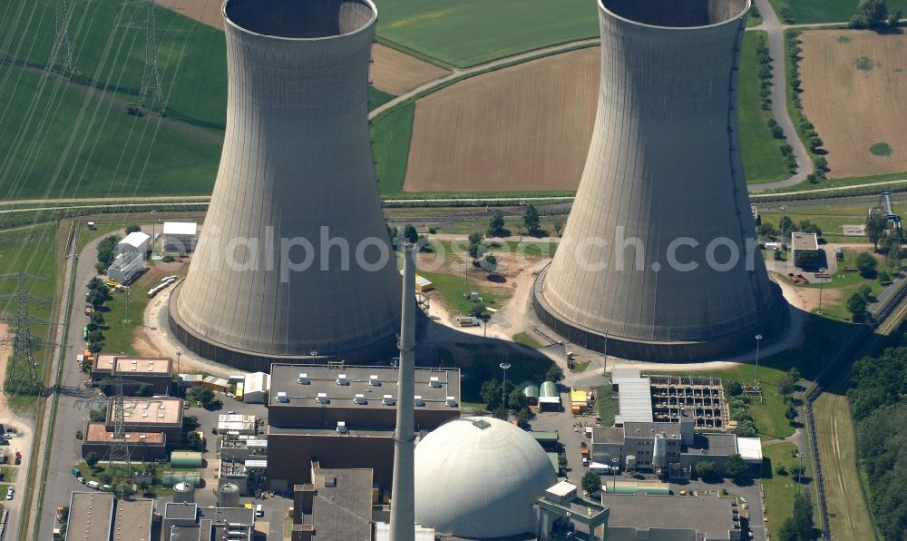 Grafenrheinfeld from the bird's eye view: Building remains of the reactor units and facilities of the NPP nuclear power plant in Grafenrheinfeld in the state Bavaria