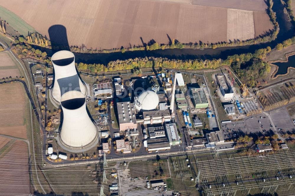 Grafenrheinfeld from the bird's eye view: Building remains of the reactor units and facilities of the NPP nuclear power plant Grafenrheinfeld KKG in Grafenrheinfeld in the state Bavaria, Germany