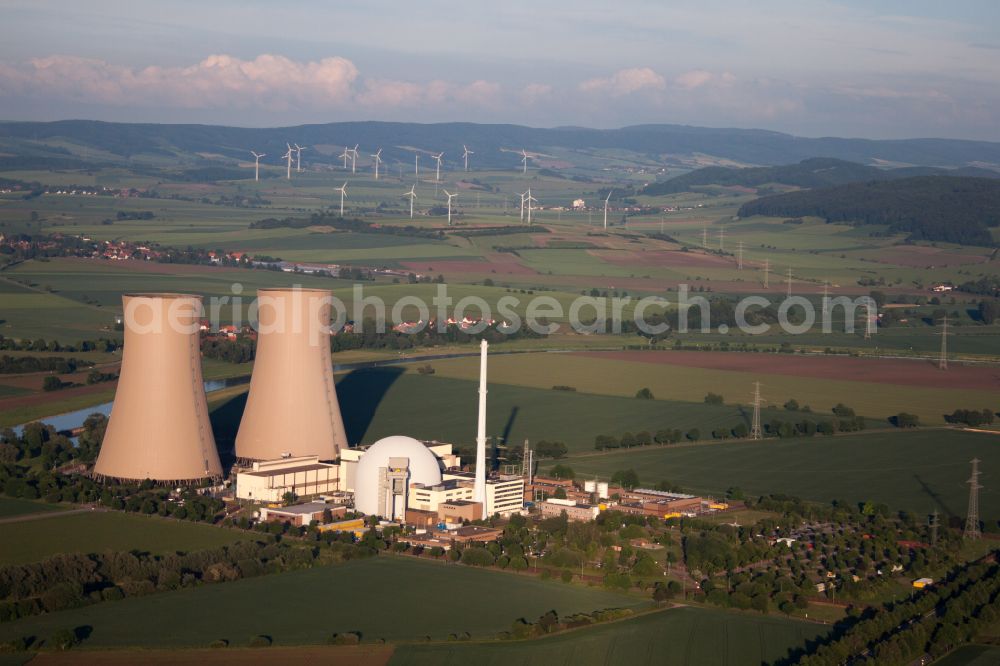 Grohnde from above - Reactor blocks, cooling tower structures and facilities of the nuclear power plant in Grohnde in the state of Lower Saxony, Germany