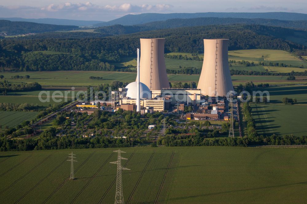 Aerial image Grohnde - Reactor blocks, cooling tower structures and facilities of the nuclear power plant in Grohnde in the state of Lower Saxony, Germany
