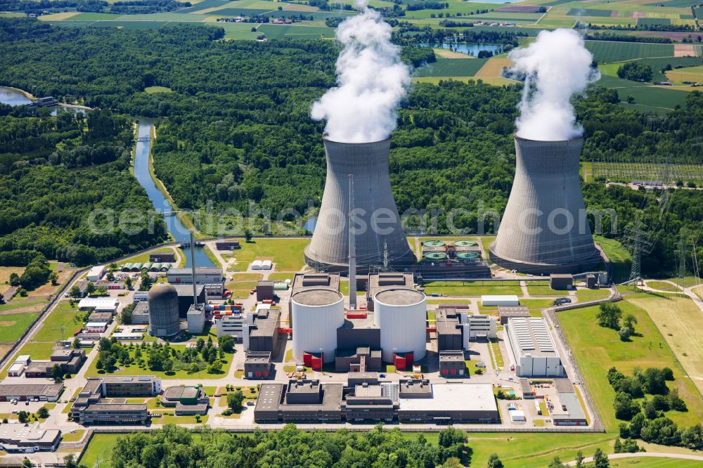 Gundremmingen from above - Building remains of the reactor units and facilities of the NPP nuclear power plant in Gundremmingen in the state Bavaria, Germany