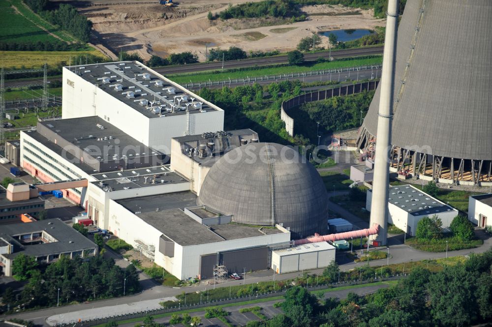 Aerial image Mülheim-Kärlich - Building remains of the reactor units and facilities of the NPP nuclear power plant on street K44 in Muelheim-Kaerlich in the state Rhineland-Palatinate, Germany