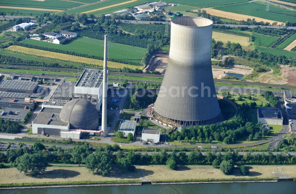 Mülheim-Kärlich from above - Building remains of the reactor units and facilities of the NPP nuclear power plant on street K44 in Muelheim-Kaerlich in the state Rhineland-Palatinate, Germany