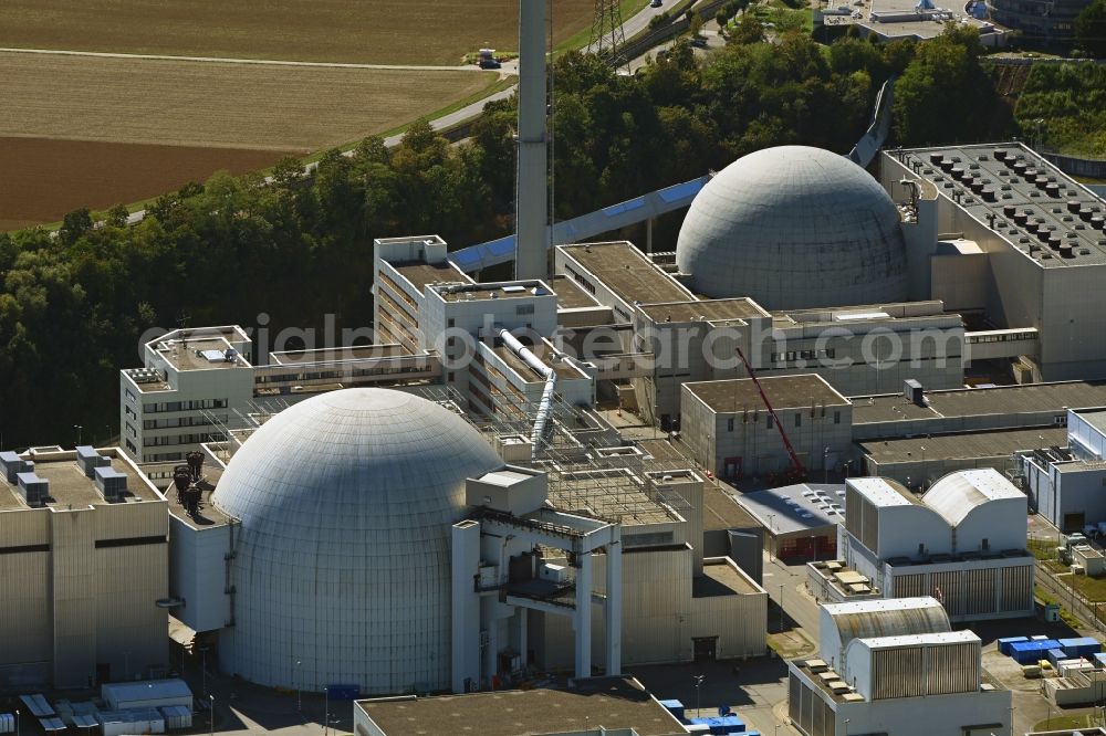 Neckarwestheim from above - Building remains of the reactor units and facilities of the NPP nuclear power plant Keckarwestheim in Neckarwestheim in the state Baden-Wuerttemberg, Germany