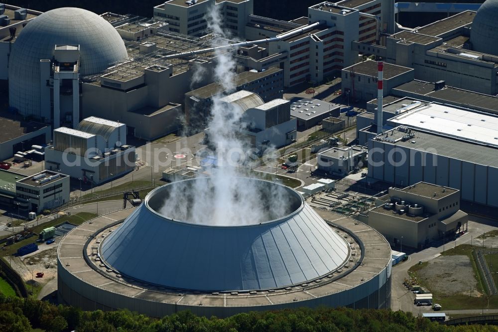 Aerial photograph Neckarwestheim - Building remains of the reactor units and facilities of the NPP nuclear power plant Keckarwestheim in Neckarwestheim in the state Baden-Wuerttemberg, Germany