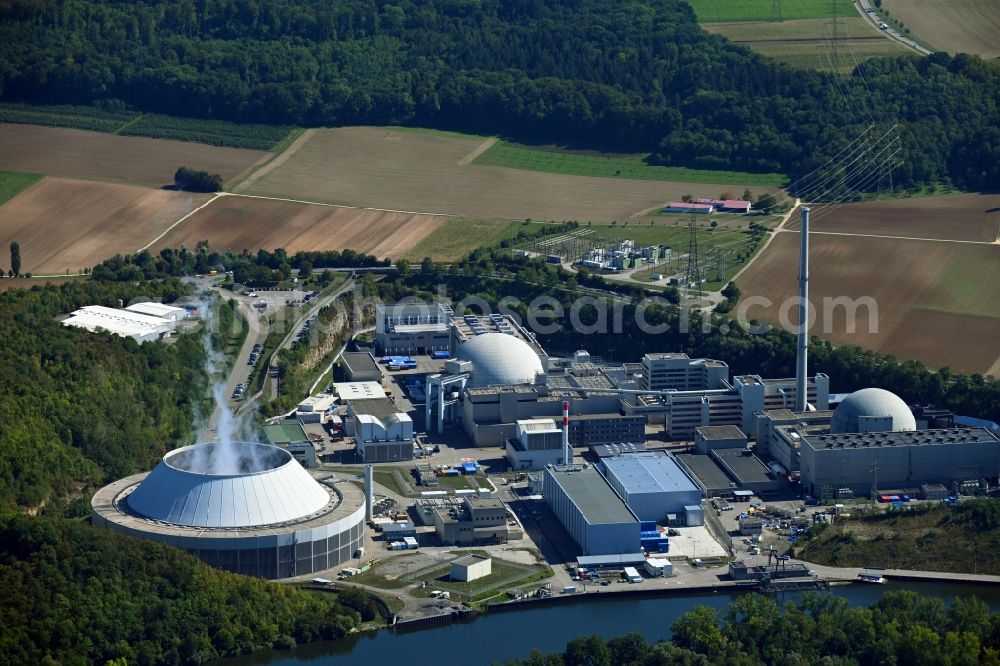 Neckarwestheim from the bird's eye view: Building remains of the reactor units and facilities of the NPP nuclear power plant Keckarwestheim in Neckarwestheim in the state Baden-Wuerttemberg, Germany