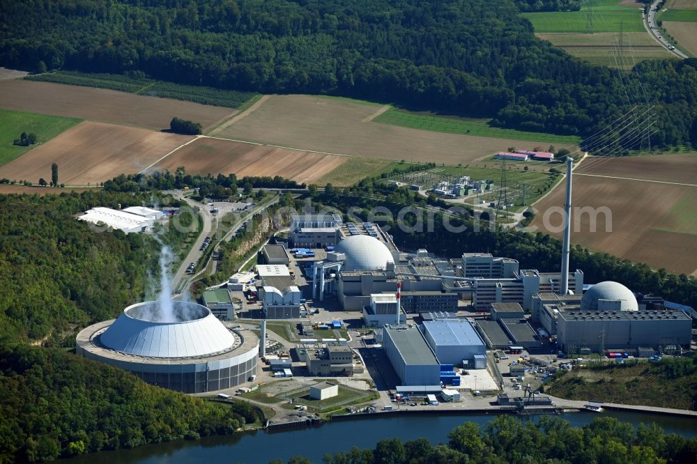 Aerial image Neckarwestheim - Building remains of the reactor units and facilities of the NPP nuclear power plant Keckarwestheim in Neckarwestheim in the state Baden-Wuerttemberg, Germany