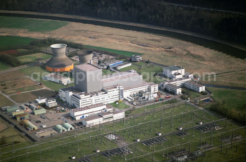 Beverungen from the bird's eye view: Building remains of the reactor units and facilities of the NPP nuclear power plant in the district Wuergassen in Beverungen in the state North Rhine-Westphalia, Germany