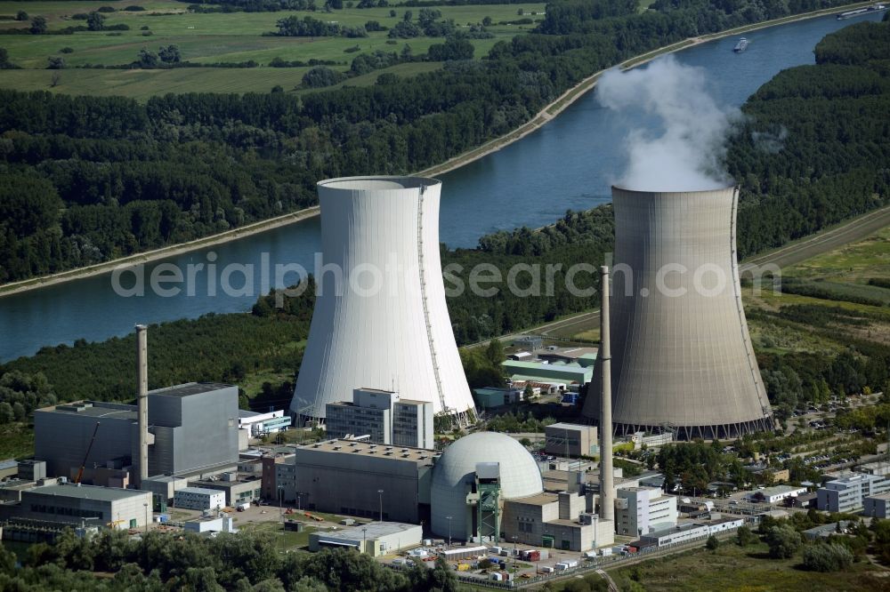 Philippsburg from the bird's eye view: Building remains of the reactor units and facilities of the NPP nuclear power plant in Philippsburg in the state Baden-Wuerttemberg