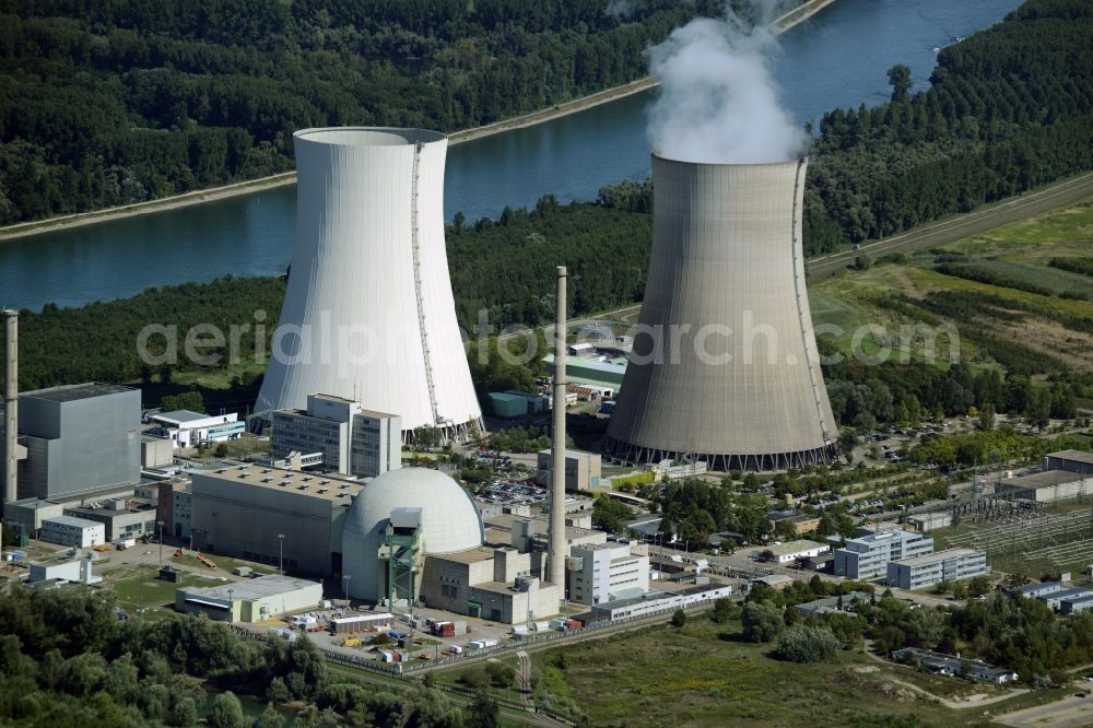 Aerial photograph Philippsburg - Building remains of the reactor units and facilities of the NPP nuclear power plant in Philippsburg in the state Baden-Wuerttemberg