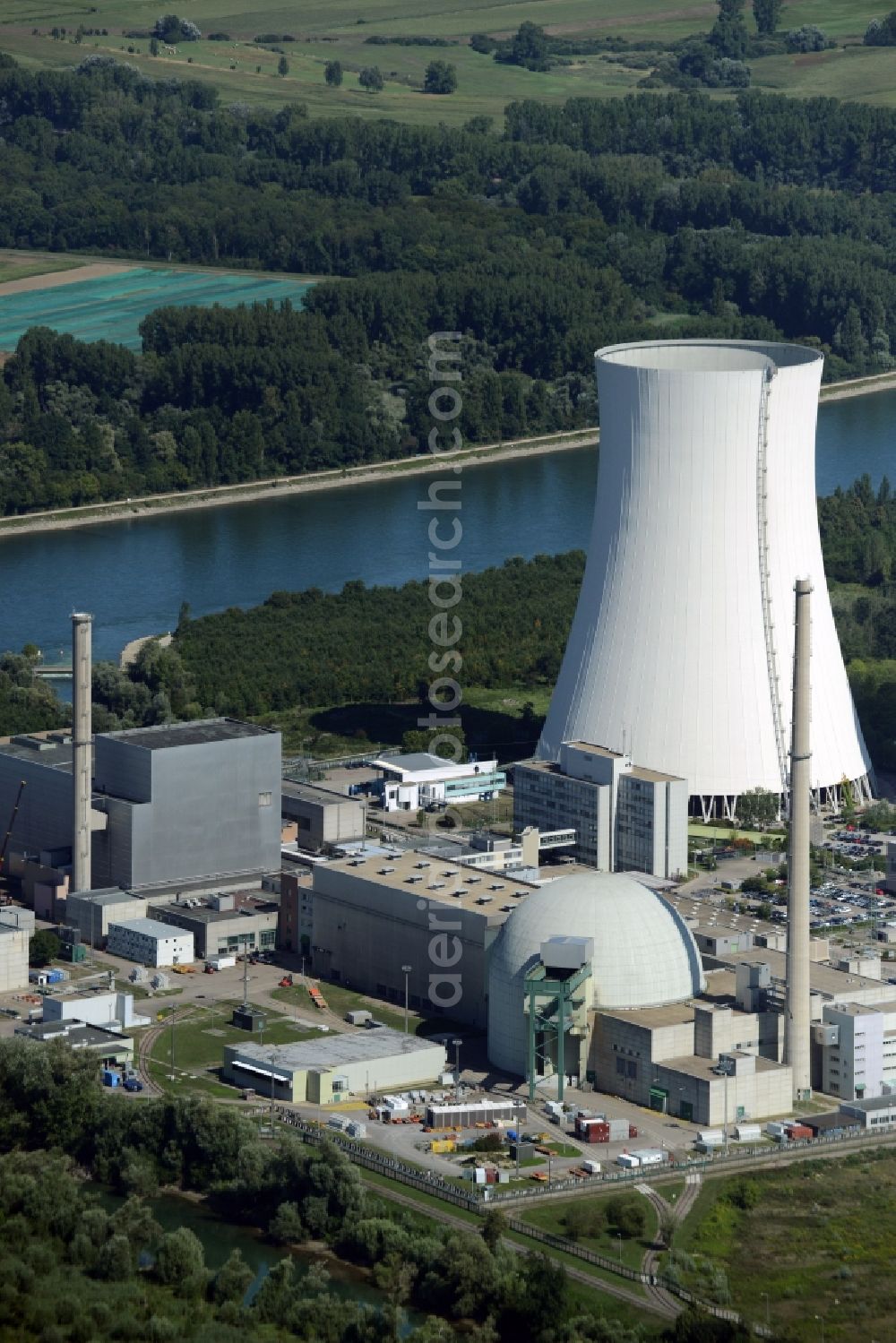 Philippsburg from the bird's eye view: Building remains of the reactor units and facilities of the NPP nuclear power plant in Philippsburg in the state Baden-Wuerttemberg
