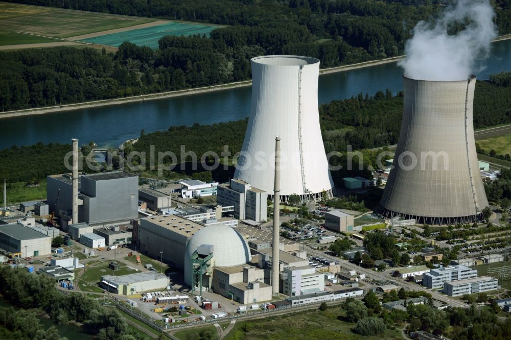 Philippsburg from above - Building remains of the reactor units and facilities of the NPP nuclear power plant in Philippsburg in the state Baden-Wuerttemberg