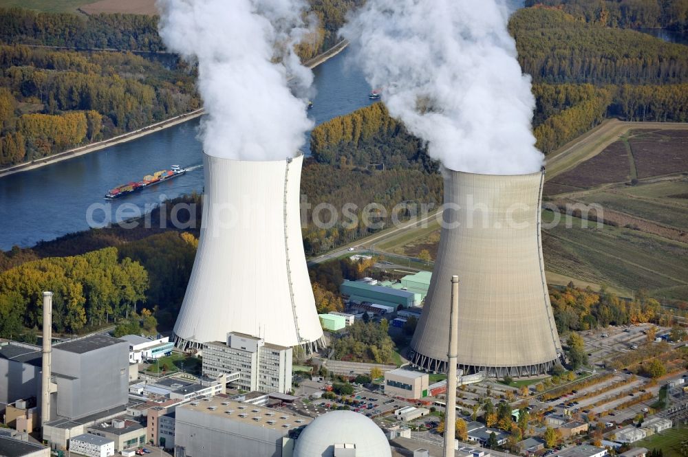 Aerial image Philippsburg - Building remains of the reactor units and facilities of the NPP nuclear power plant of EnBW Kernkraft GmbH on Rheinschanzinsel in Philippsburg in the state Baden-Wuerttemberg, Germany
