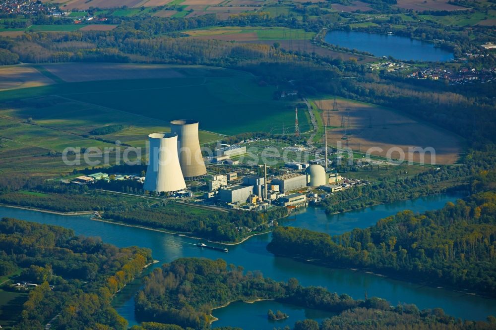 Aerial image Philippsburg - Building remains of the reactor units and facilities of the NPP nuclear power plant of EnBW Kernkraft GmbH on Rheinschanzinsel in Philippsburg in the state Baden-Wuerttemberg, Germany