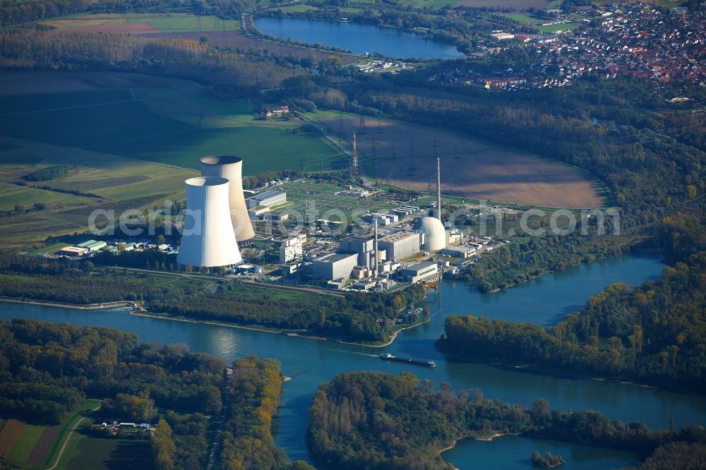 Aerial photograph Philippsburg - Building remains of the reactor units and facilities of the NPP nuclear power plant of EnBW Kernkraft GmbH on Rheinschanzinsel in Philippsburg in the state Baden-Wuerttemberg, Germany