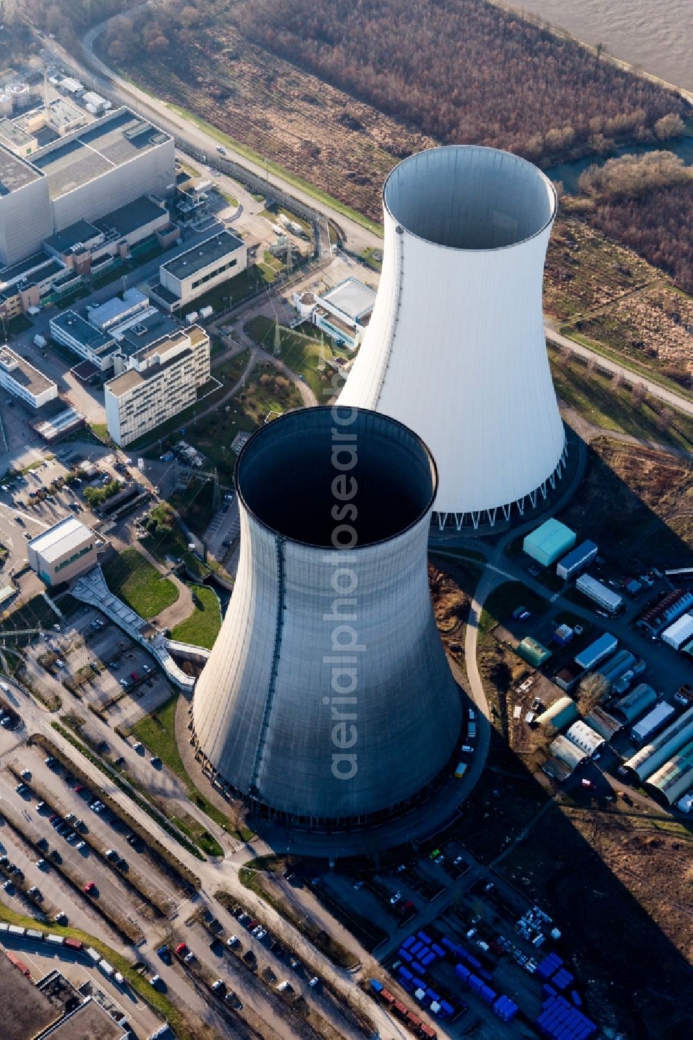 Philippsburg from the bird's eye view: Building remains of the reactor units and facilities of the NPP nuclear power plant of EnBW Kernkraft GmbH on Rheinschanzinsel in Philippsburg in the state Baden-Wuerttemberg, Germany