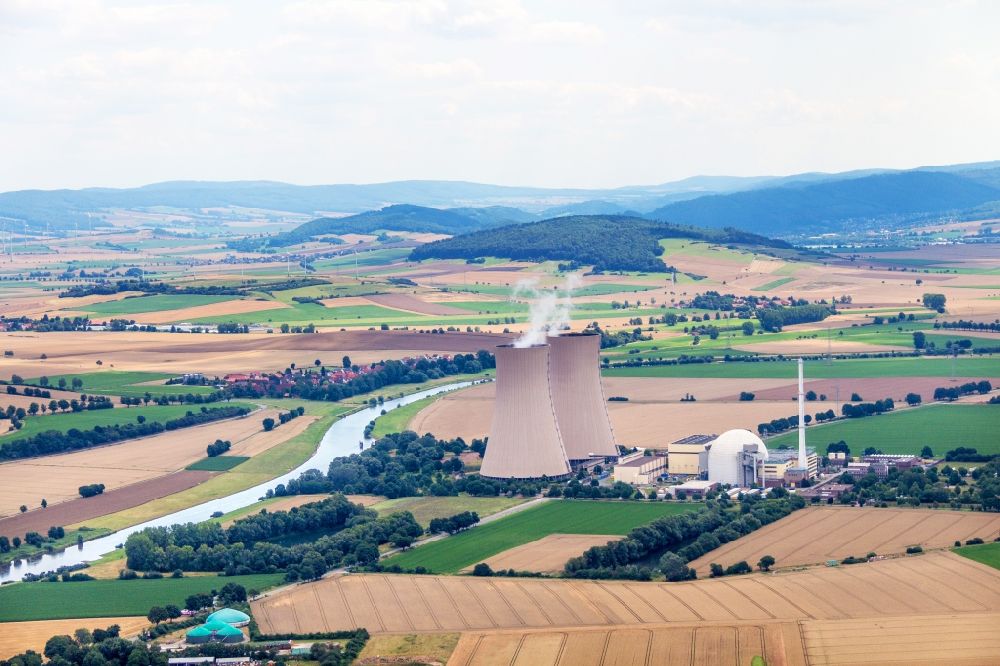 Aerial image Emmerthal - Building remains of the reactor units and facilities of the NPP nuclear power plant Grohnde on the river Weser in Grohnde in the state Lower Saxony, Germany