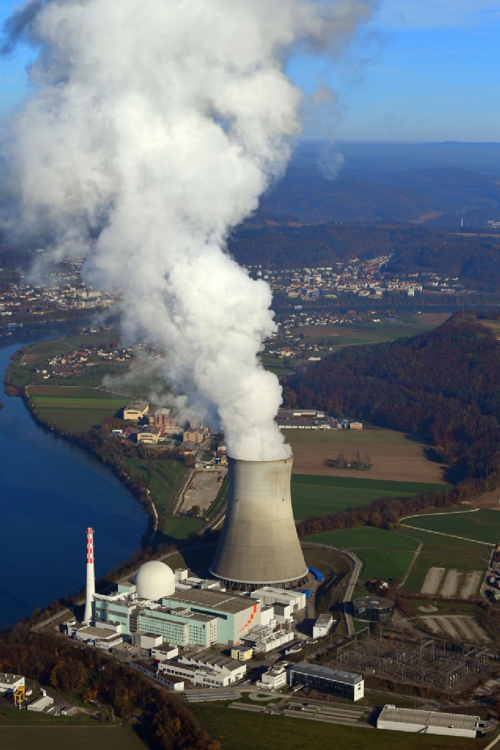 Aerial image Leibstadt - Buildings, reactor and facilities of the NPP nuclear power plant Leibstadt KKL on the Rhine river in Leibstadt in the canton Aargau, Switzerland