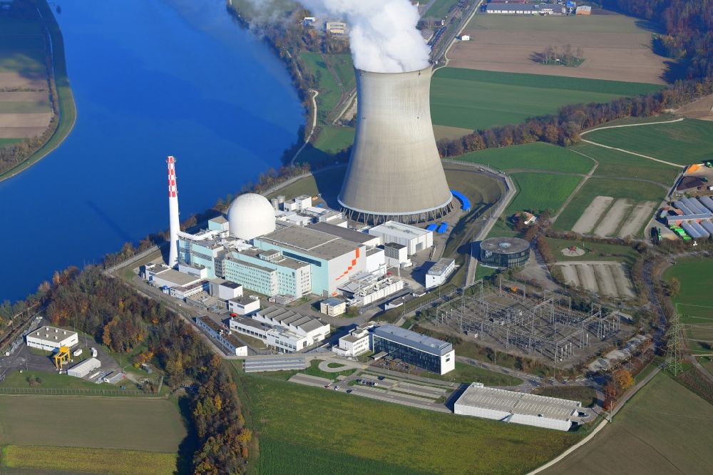 Aerial photograph Leibstadt - Buildings, reactor and facilities of the NPP nuclear power plant Leibstadt KKL on the Rhine river in Leibstadt in the canton Aargau, Switzerland