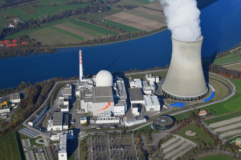 Leibstadt from the bird's eye view: Buildings, reactor and facilities of the NPP nuclear power plant Leibstadt KKL on the Rhine river in Leibstadt in the canton Aargau, Switzerland