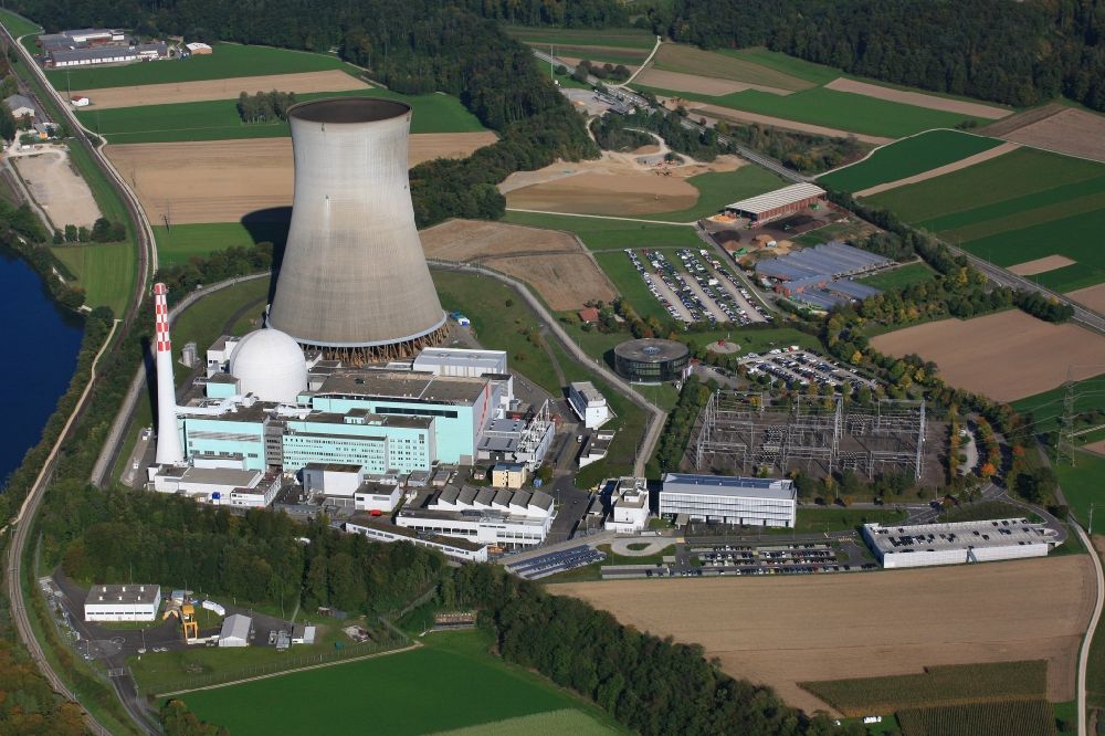Aerial image Leibstadt - Buildings, reactor and facilities of the NPP nuclear power plant Leibstadt on the Rhine river in Leibstadt in the canton Aargau, Switzerland