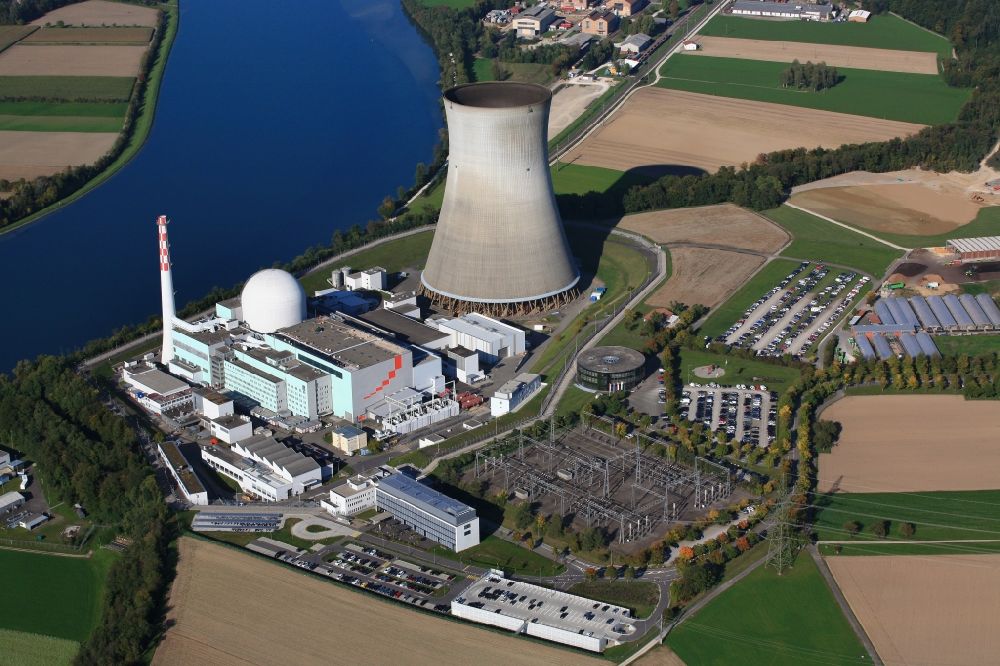 Aerial photograph Leibstadt - Buildings, reactor and facilities of the NPP nuclear power plant Leibstadt on the Rhine river in Leibstadt in the canton Aargau, Switzerland