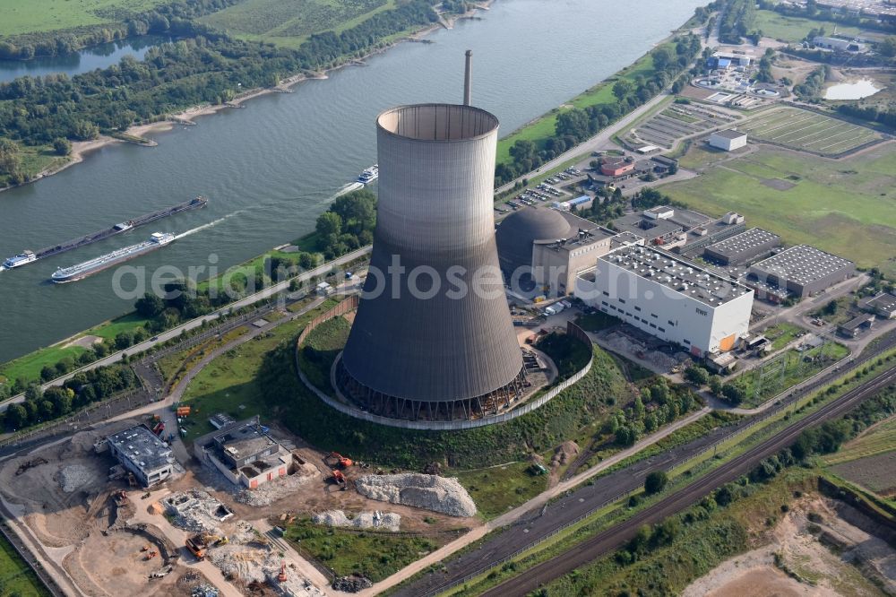 Aerial photograph Mülheim-Kärlich - Building remains of the reactor units and facilities of the NPP nuclear power plant Anlage Muelheim-Kaerlich Am Guten Monn in Muelheim-Kaerlich in the state Rhineland-Palatinate, Germany