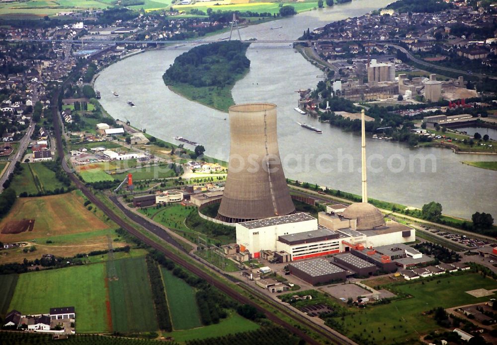 Aerial image Mülheim-Kärlich - Building remains of the reactor units and facilities of the NPP nuclear power plant Anlage Muelheim-Kaerlich Am Guten Monn in Muelheim-Kaerlich in the state Rhineland-Palatinate, Germany