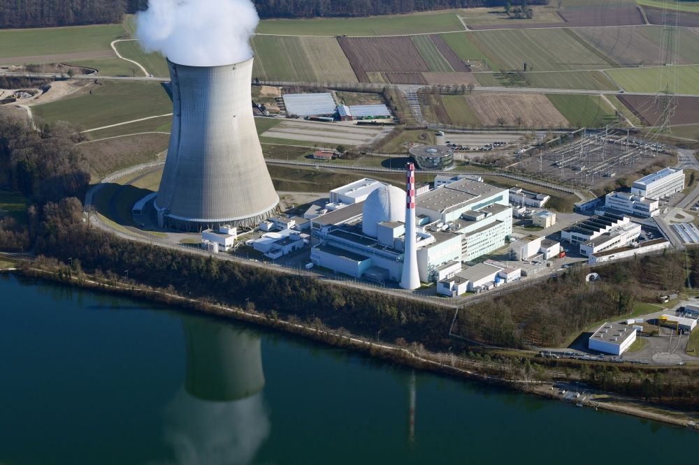 Aerial photograph Leibstadt - Reactor unit and cooling tower of the NPP nuclear power plant Leibstadt in Leibstadt in the canton Aargau, Switzerland