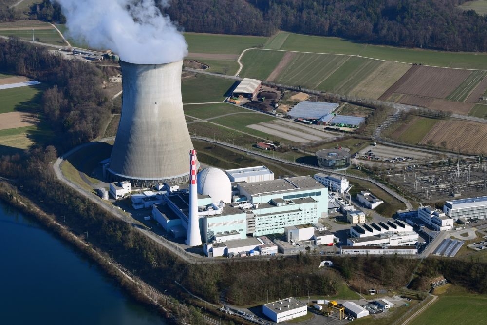 Aerial image Leibstadt - Reactor unit and cooling tower of the NPP nuclear power plant Leibstadt in Leibstadt in the canton Aargau, Switzerland