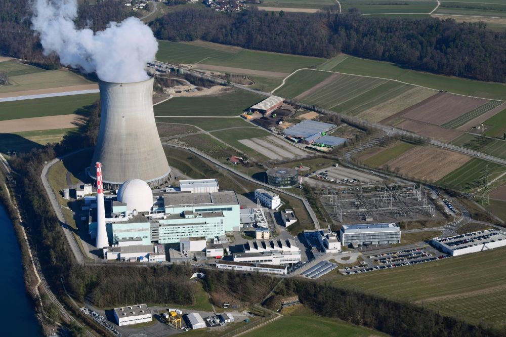 Aerial photograph Leibstadt - Reactor unit and cooling tower of the NPP nuclear power plant Leibstadt in Leibstadt in the canton Aargau, Switzerland