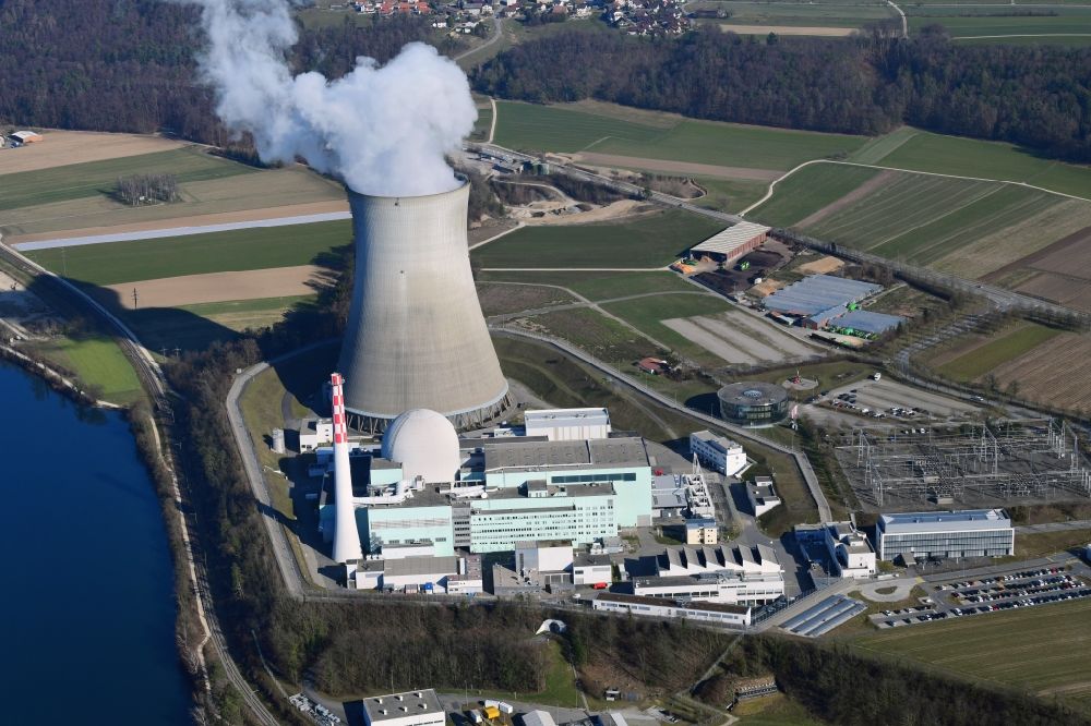 Leibstadt from above - Reactor unit and cooling tower of the NPP nuclear power plant Leibstadt in Leibstadt in the canton Aargau, Switzerland