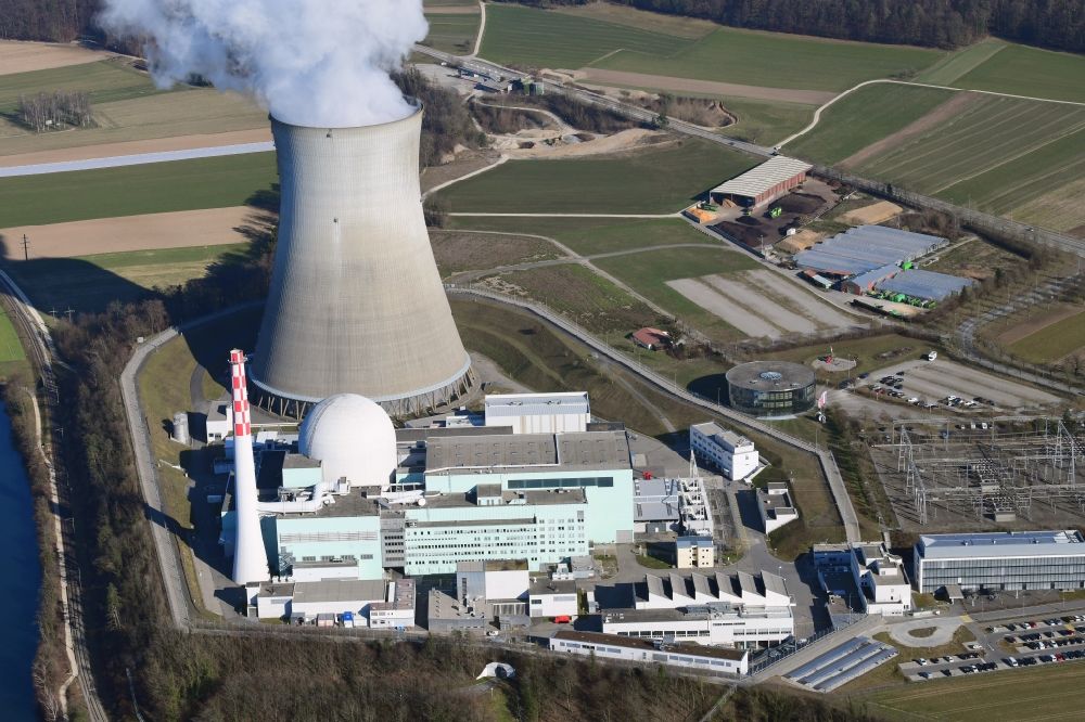 Leibstadt from the bird's eye view: Reactor unit and cooling tower of the NPP nuclear power plant Leibstadt in Leibstadt in the canton Aargau, Switzerland
