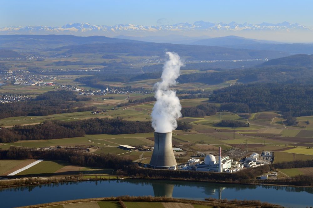 Leibstadt from the bird's eye view: Reactor unit and cooling tower of the NPP nuclear power plant Leibstadt in Leibstadt in the canton Aargau, Switzerland