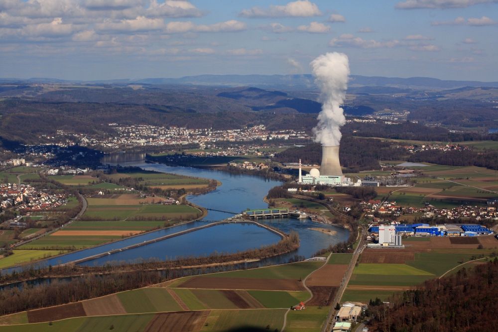 Aerial image Leibstadt - Buildings, reactor and facilities of the NPP nuclear power plant in Leibstadt in the canton Aargau, Switzerland. The river Rhine is border between Germany and Switzerland