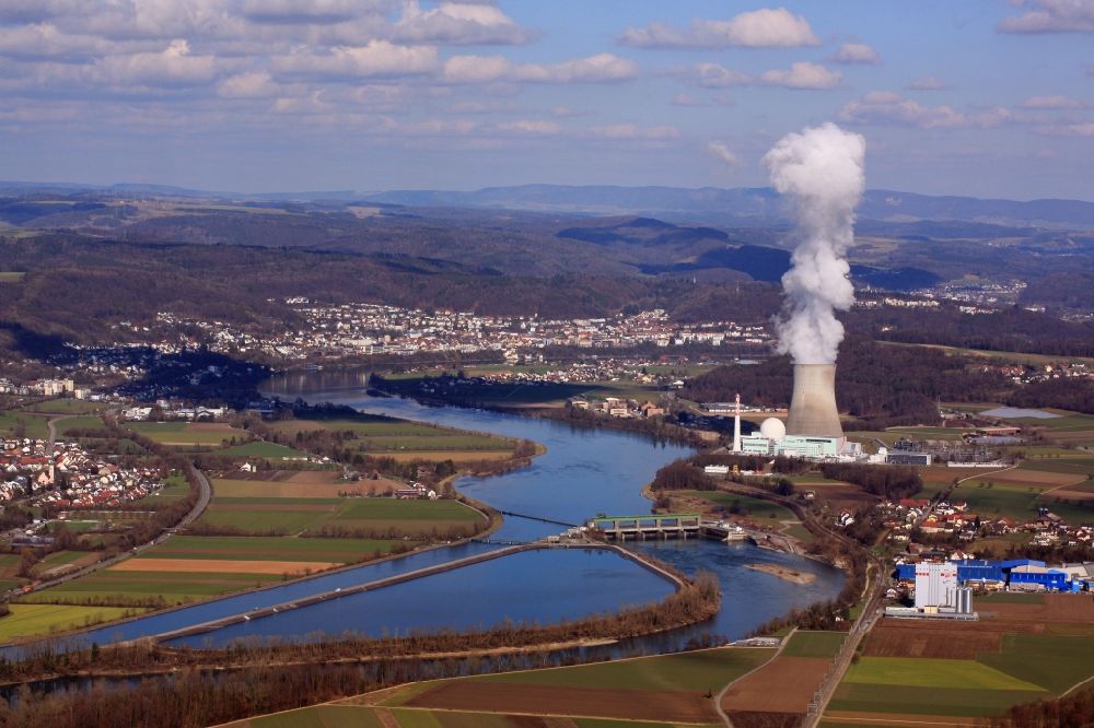 Aerial photograph Leibstadt - Buildings, reactor and facilities of the NPP nuclear power plant in Leibstadt in the canton Aargau, Switzerland. The river Rhine is border between Germany and Switzerland