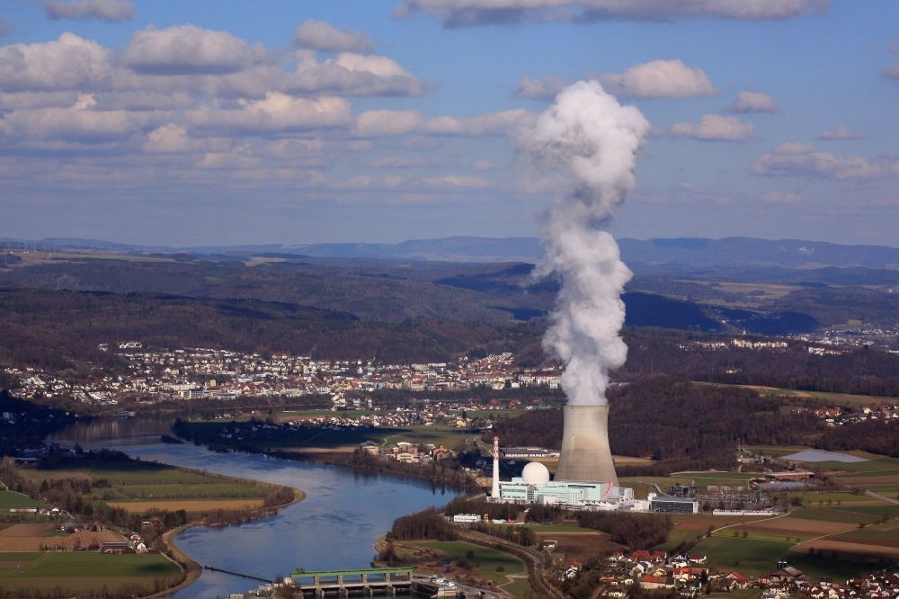Leibstadt from above - Buildings, reactor and facilities of the NPP nuclear power plant in Leibstadt in the canton Aargau, Switzerland. The river Rhine is border between Germany and Switzerland