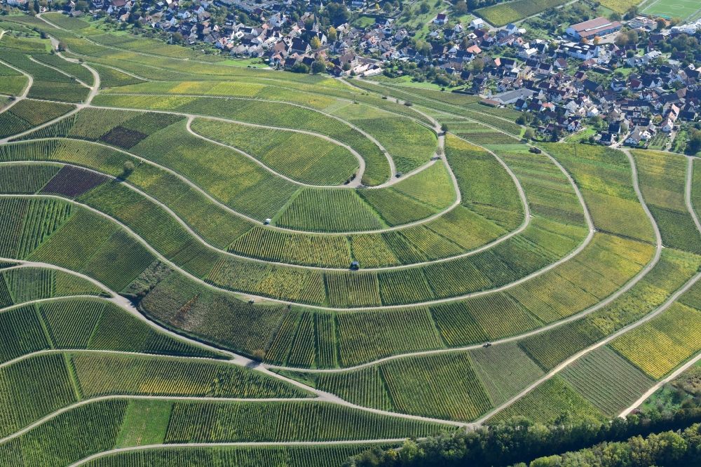 Aerial photograph Ebringen - Vineyard Sonnenberg with structures of the roads to grow the vine of Baden in Ebringen in the state Baden-Wuerttemberg, Germany