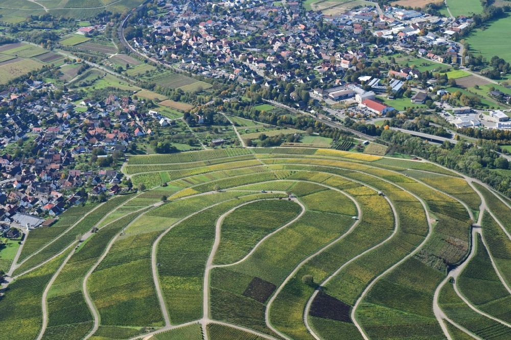 Aerial image Schallstadt - Vineyard Sonnenberg with structures of the roads to grow the vine of Baden in Ebringen in the state Baden-Wuerttemberg, Germany