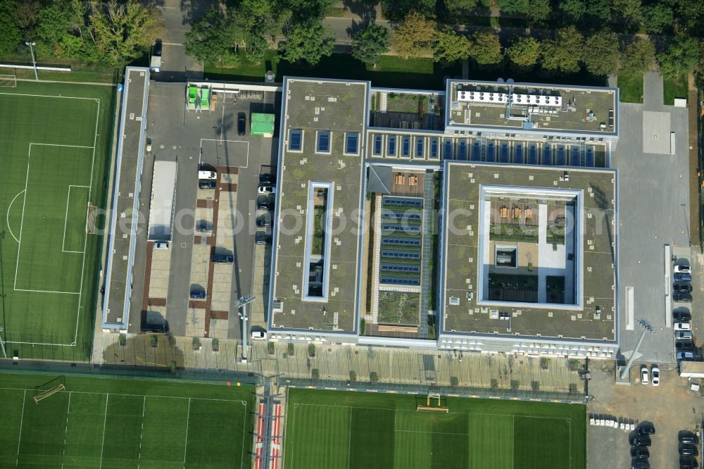 Leipzig from the bird's eye view: Red Bull Academy on the grounds of the RB- training facilities on Cottaweg in Leipzig in the state of Saxony. The academy is located in the new building complex next to football pitches and outdoor facilities