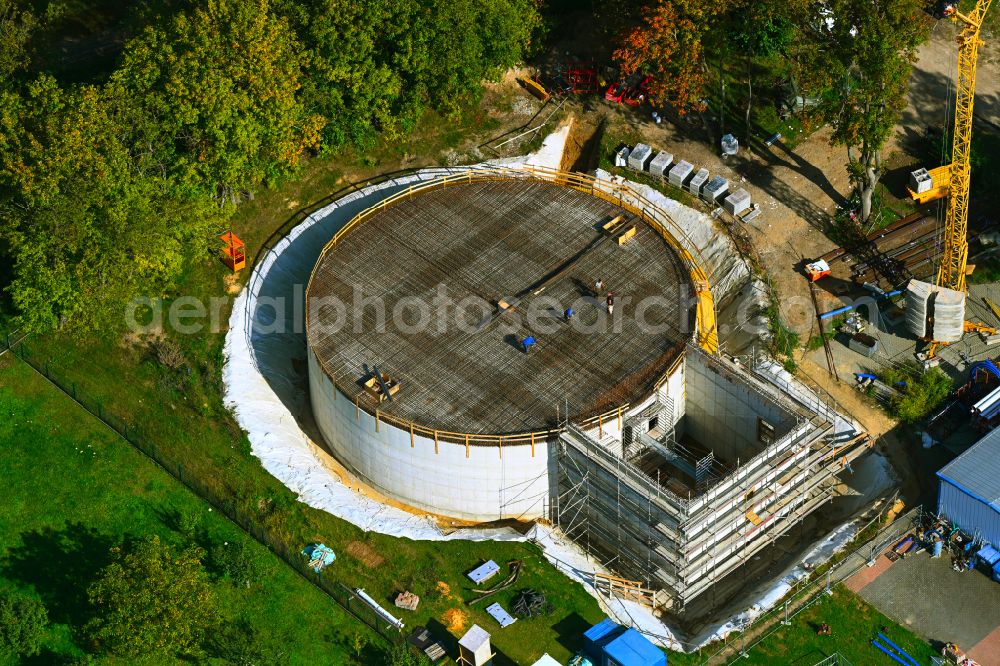 Werneuchen from the bird's eye view: construction site for the new construction of the retention basin and water storage on street Wesendahler Strasse in Werneuchen in the state Brandenburg, Germany