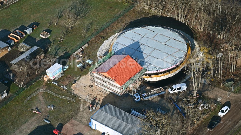 Werneuchen from the bird's eye view: Construction site for the new construction of the retention basin and water storage on street Wesendahler Strasse in Werneuchen in the state Brandenburg, Germany